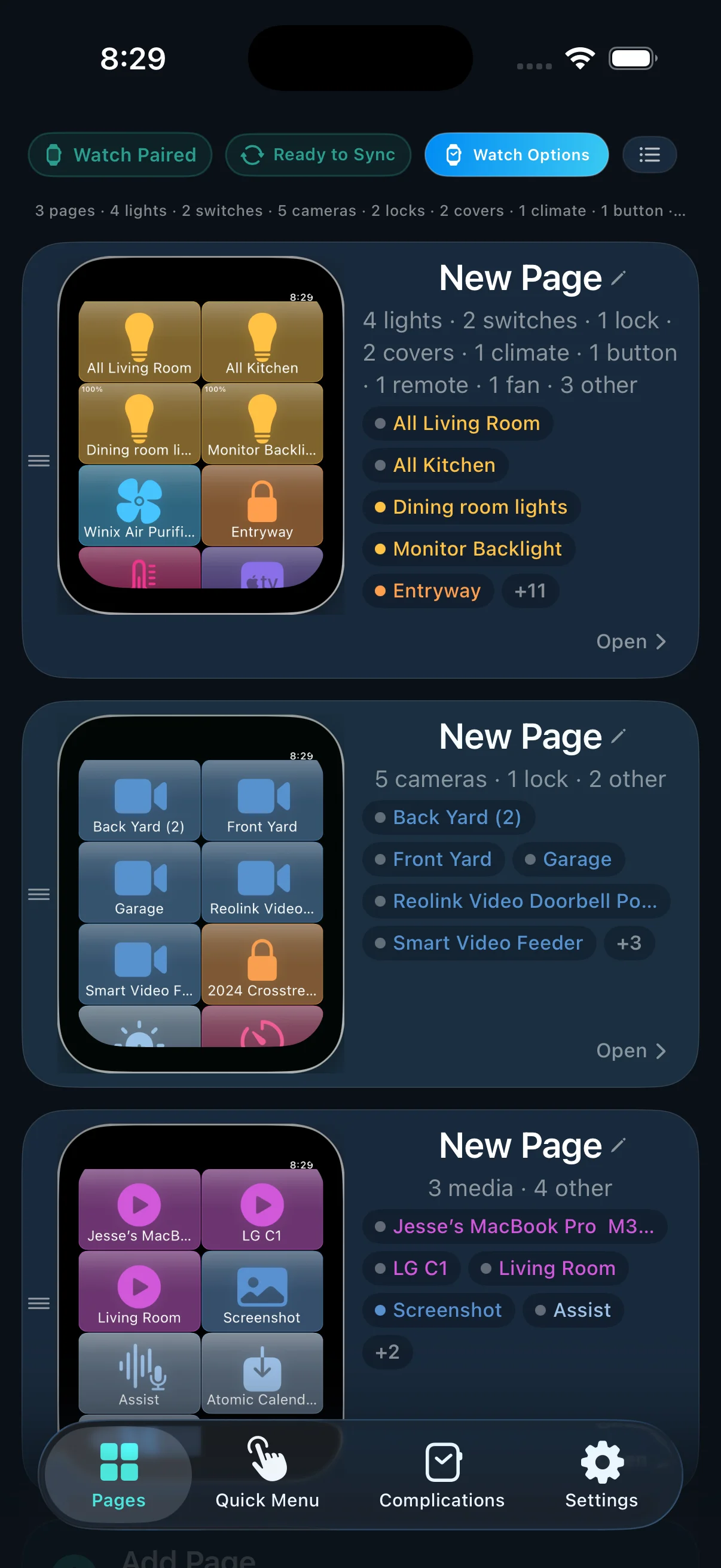Wrist Assistant pages overview showing multiple watch page previews