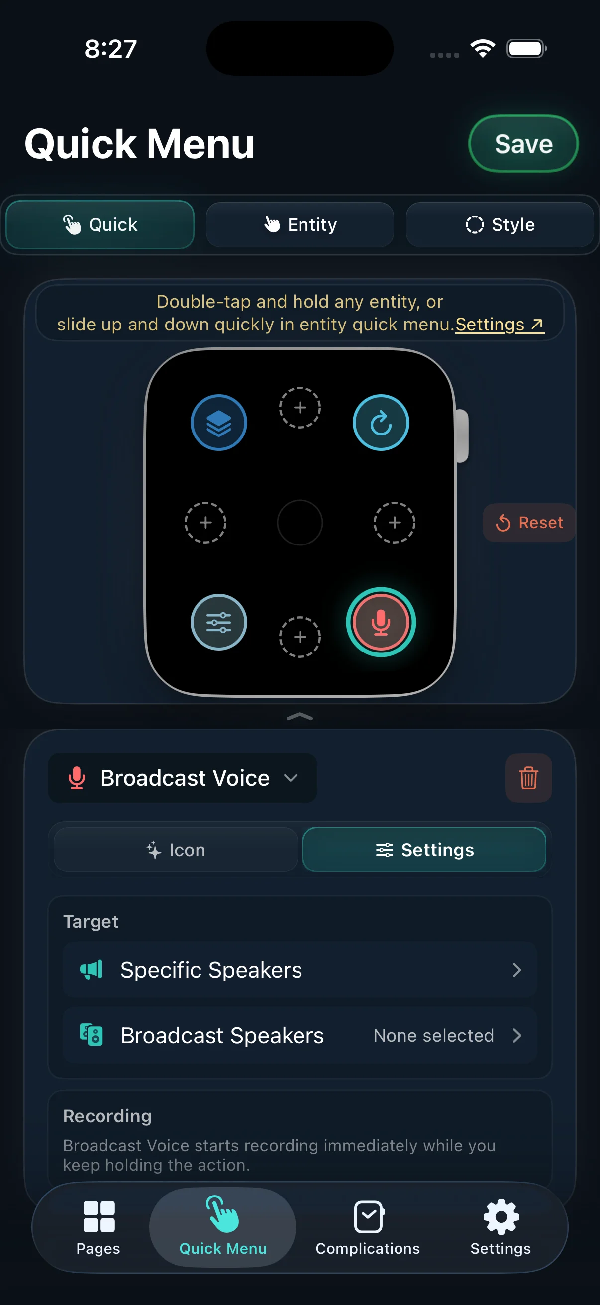 Quick menu editor with radial watch menu and voice broadcast